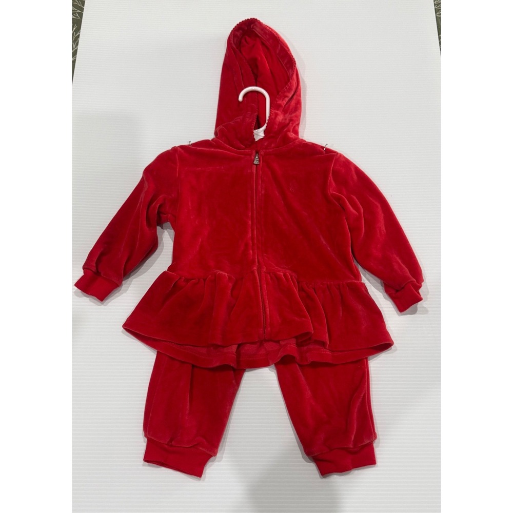 Ralph Lauren Baby Girls Red Velour Peplum Hoodie and Joggers Set 18M
